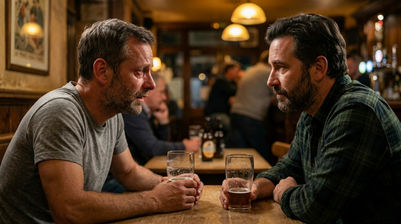 Two men sit opposite each other at a wooden table in a pub, holding beers and talking.