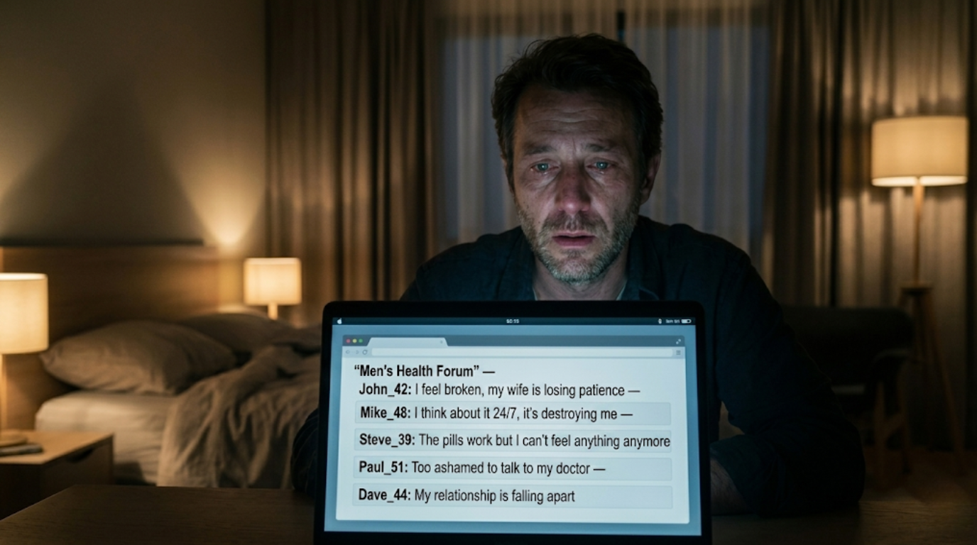 A distressed man reads messages on a 'Men's Health Forum' on his laptop in a dimly lit bedroom.