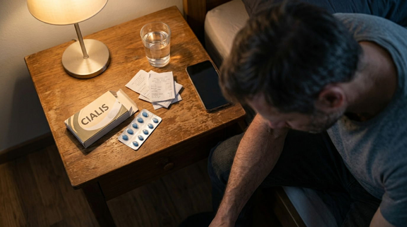 A man sits by a nightstand with a box of Cialis, pills, and a glass of water.