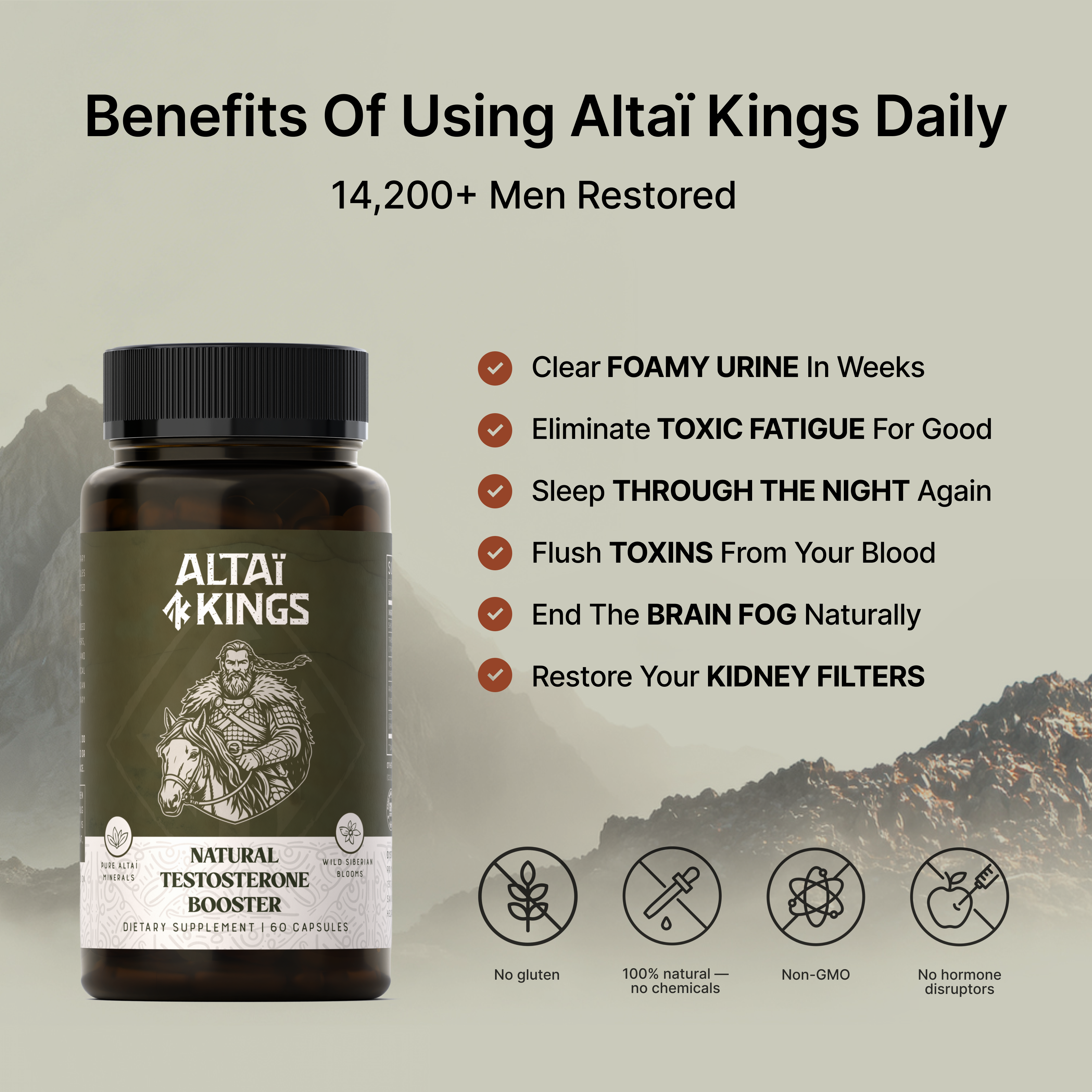 An advertisement for Altaï Kings testosterone booster, showing the bottle and a list of its benefits.
