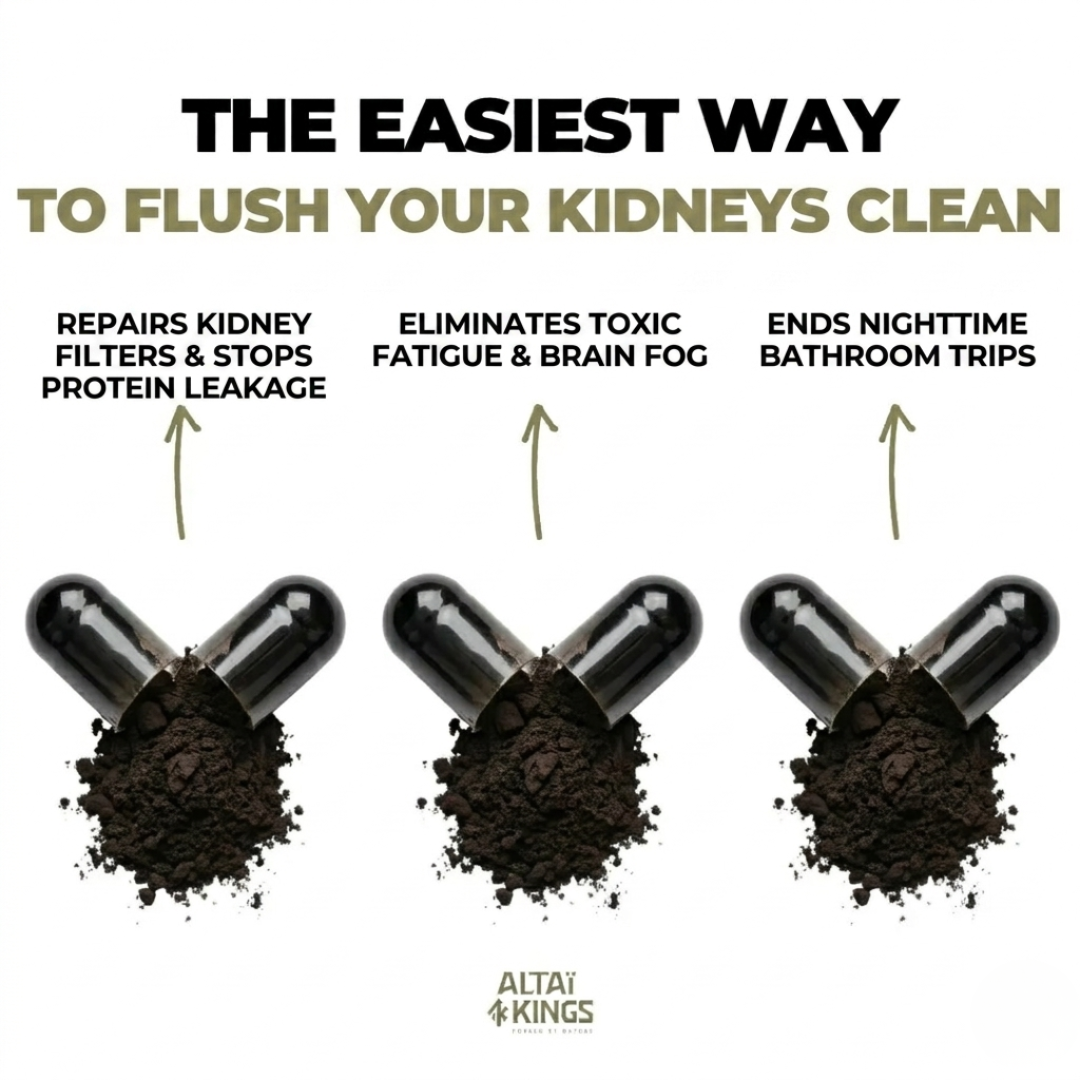 An advertisement for a kidney cleanse supplement showing three open black capsules spilling out black powder.