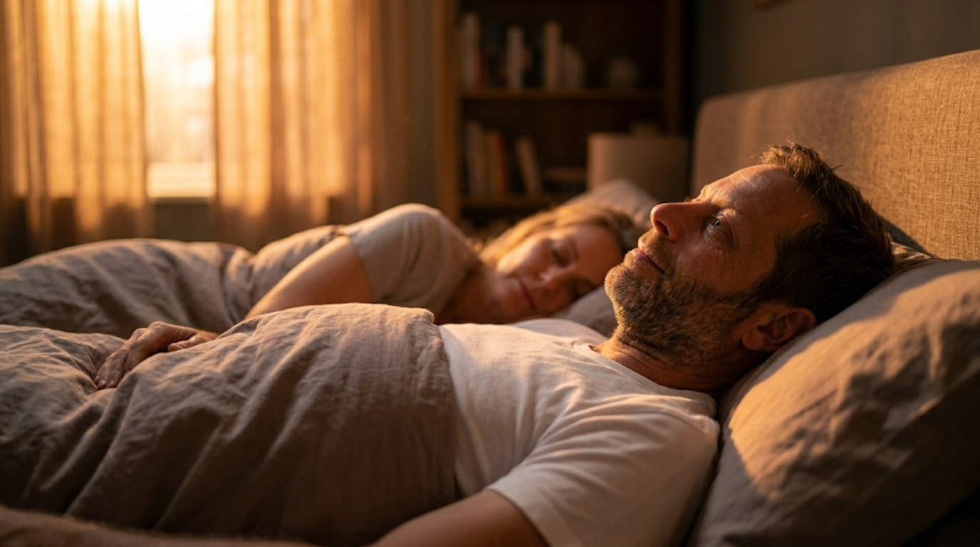 A man lies awake in bed with his eyes open while a woman sleeps next to him.