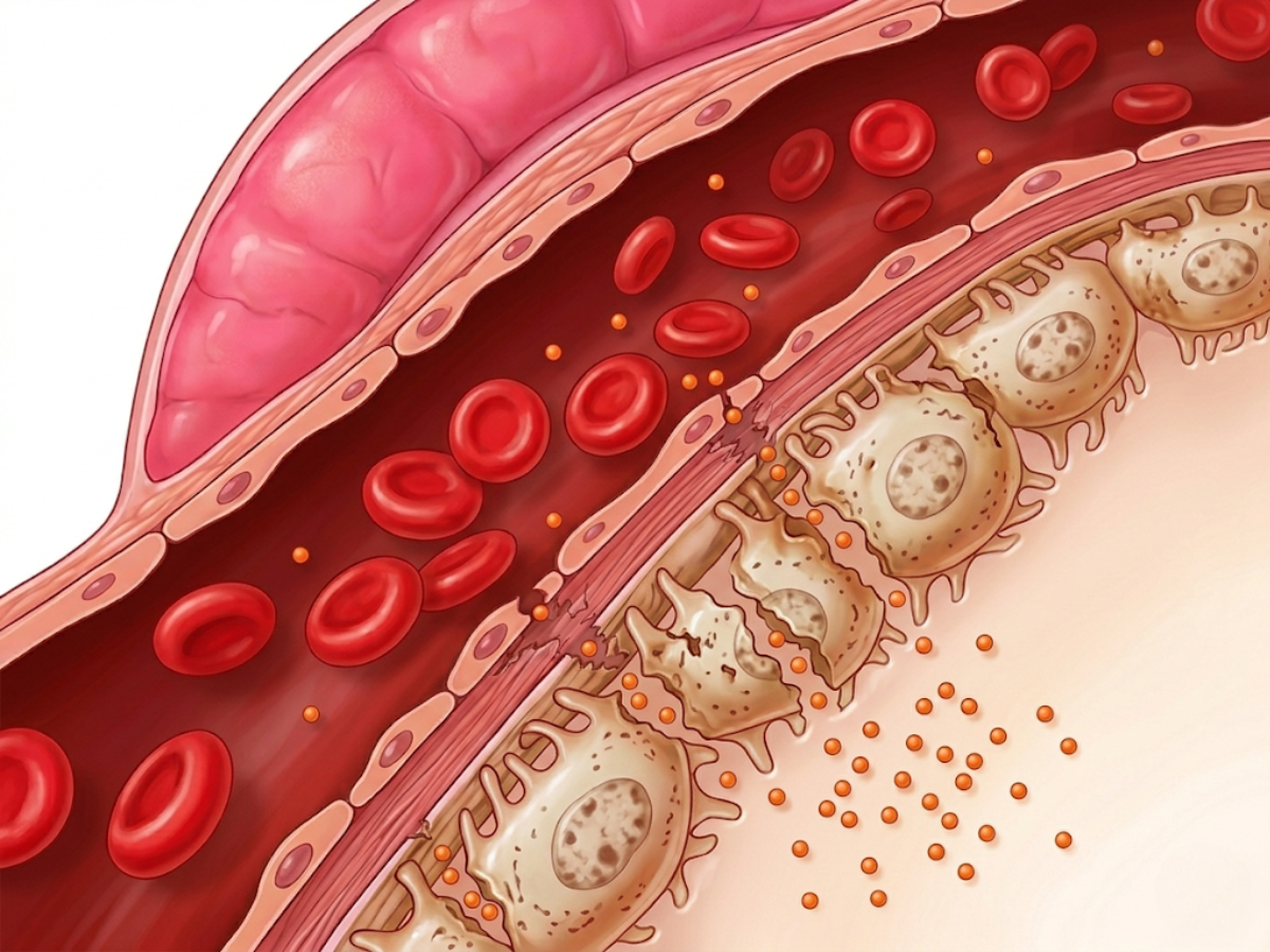 A medical illustration showing a blood clot in a blood vessel with red blood cells and immune cells.