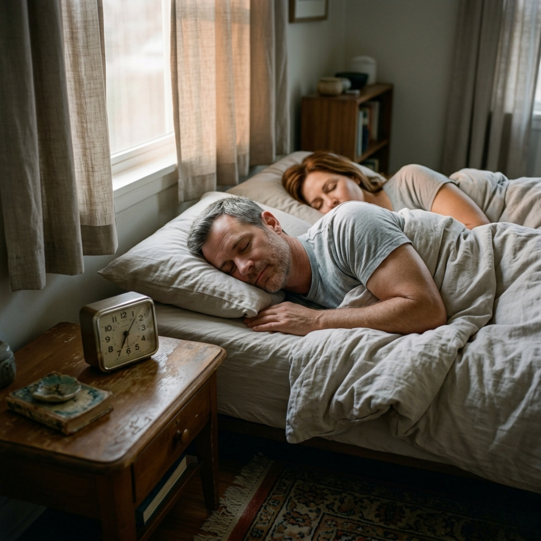 A man and woman are sleeping soundly in a bed in a naturally lit bedroom.