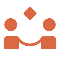 Two orange stick figures connected by a curved line with a diamond shape above.