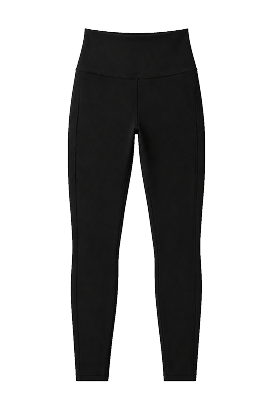 A pair of black high-waisted leggings on a white background.