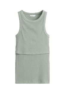 A light green ribbed sleeveless top with a layered front panel.