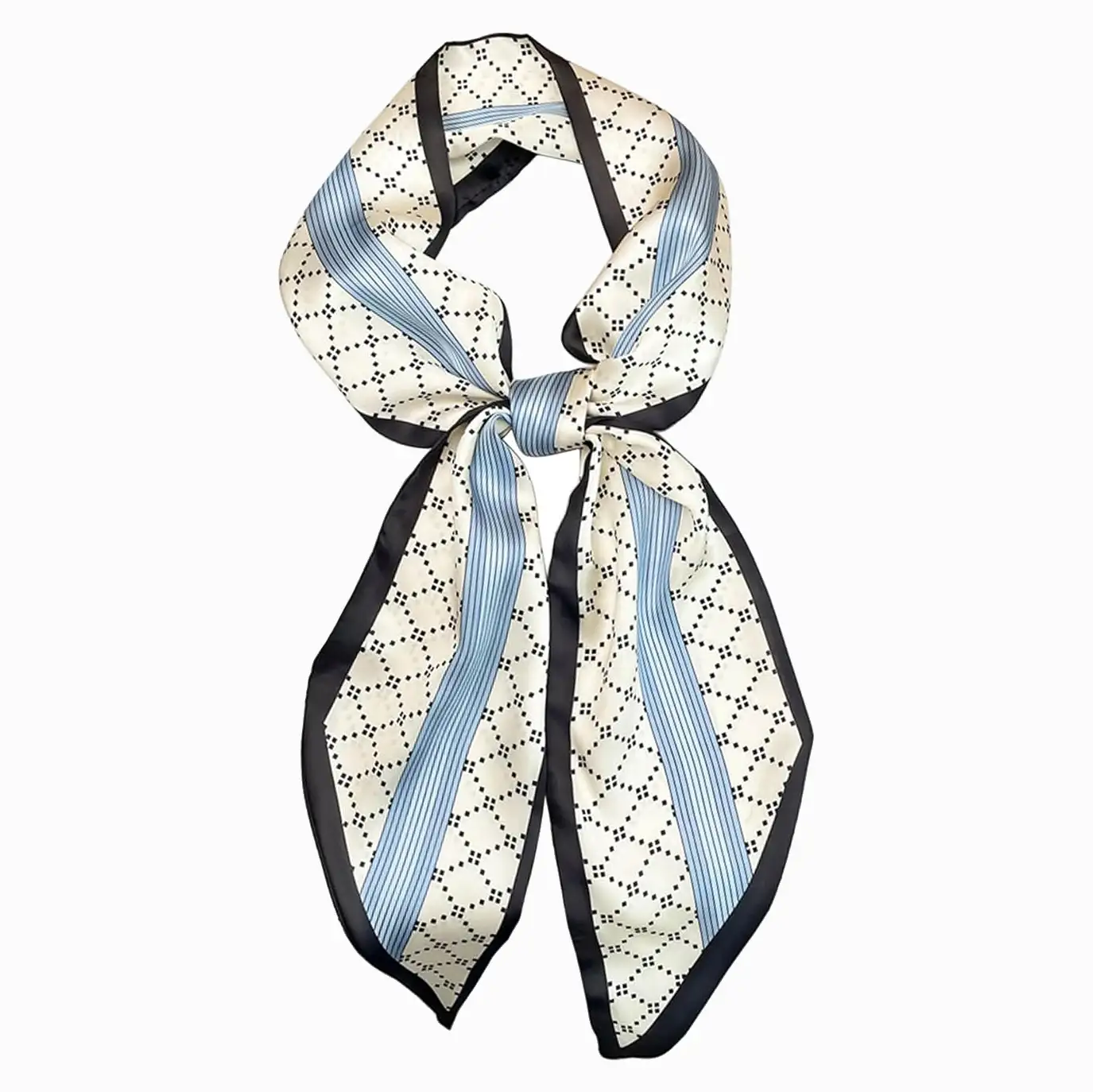 A white, blue, and black patterned scarf tied in a knot against a white background.