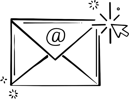 Illustration of an envelope with an '@' symbol and decorative sparkles.