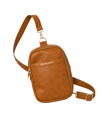 A small, light brown, faux leather crossbody sling bag with gold hardware on a white background.
