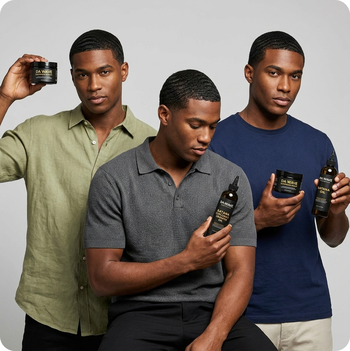 Three Black men with wave hairstyles posing with hair care products against a grey background.