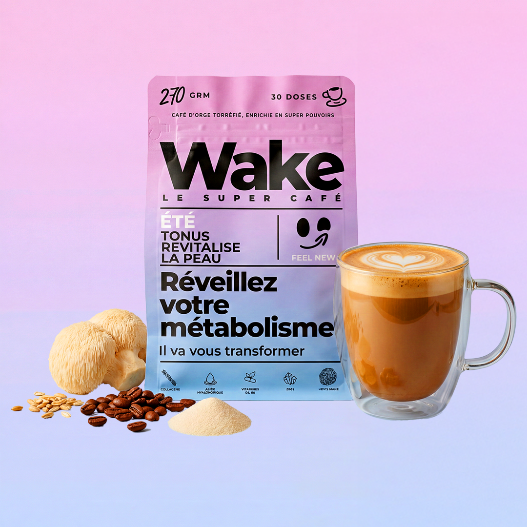 A bag of Wake coffee next to a latte, coffee beans, a mushroom, and other ingredients.