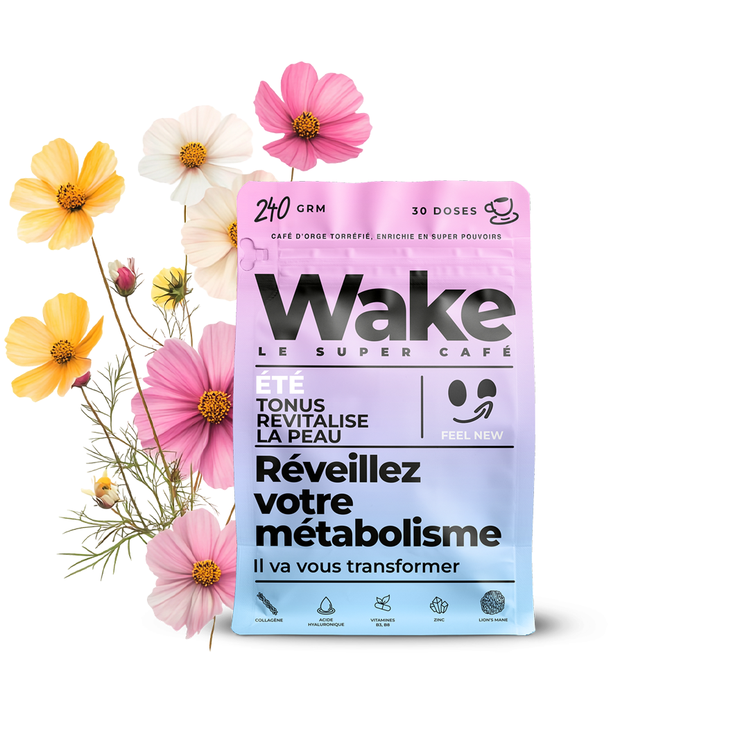 A bag of Wake Le Super Café surrounded by pink, white, and yellow cosmos flowers.