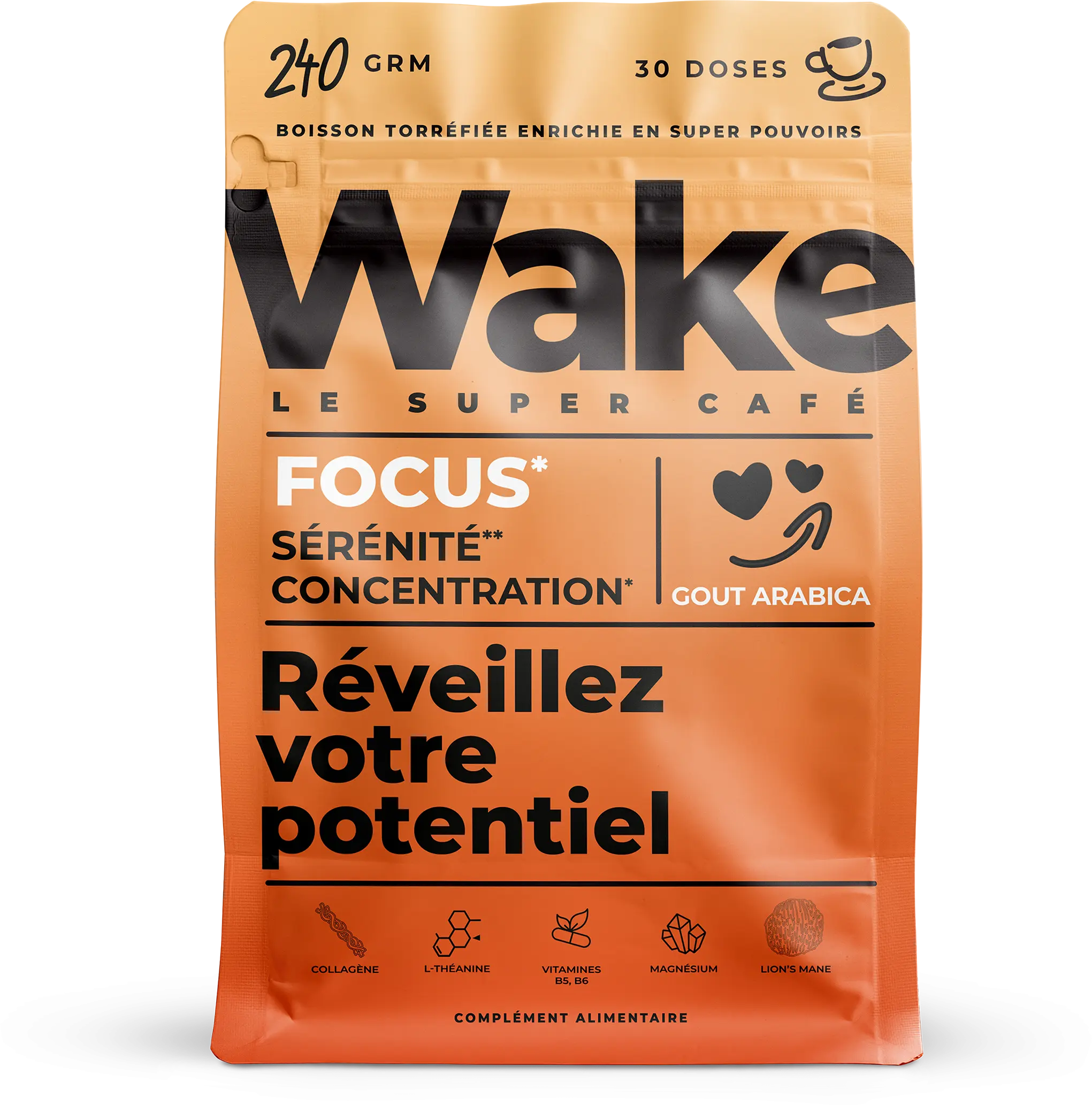 An orange pouch of "Wake Le Super Café" coffee supplement featuring black-and-white French text.