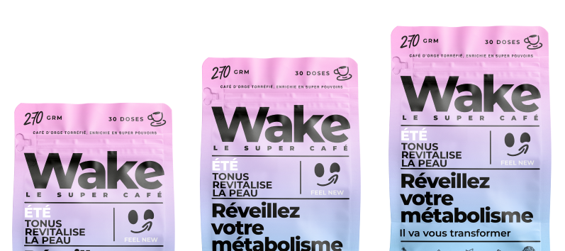Three pouches of 'Wake Le Super Café' in different sizes with a pink, purple, and blue gradient.