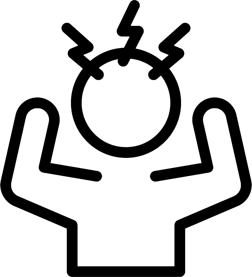 A simple black-line icon of a person with raised arms and zigzag lines on their head.