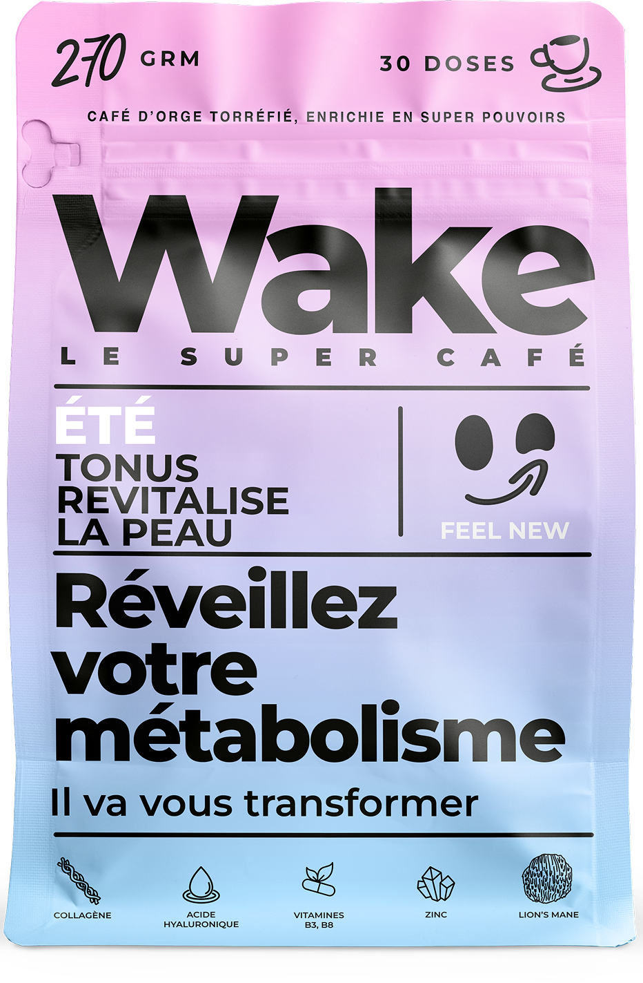 A pink and blue gradient pouch of Wake Le Super Café, a roasted barley coffee product.