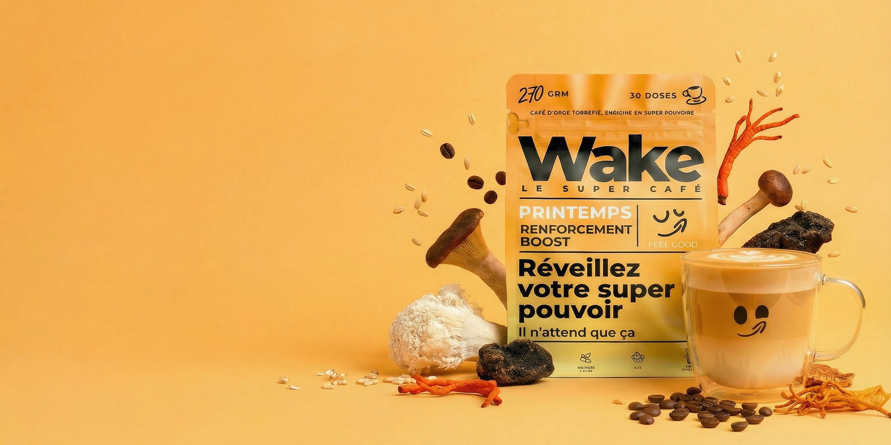 A package of Wake coffee next to a latte, surrounded by mushrooms and coffee beans on an orange background.