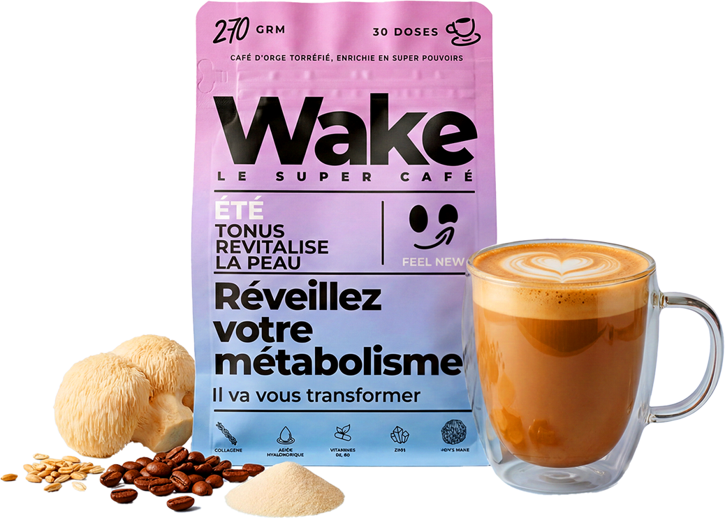 A bag of Wake coffee next to a latte, a lion's mane mushroom, coffee beans, and powder.