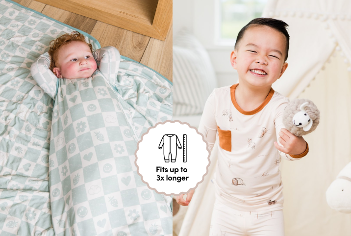 A split image showing a baby in a sleep sack and a smiling young boy in pajamas.