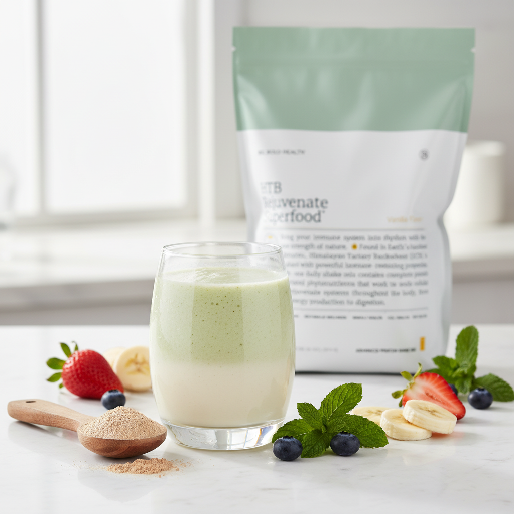 A glass of layered green and white smoothie with fruit, mint, and powder on a table.