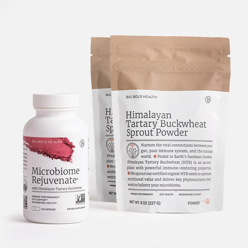 Bottles and pouches of Himalayan Tartary Buckwheat supplements.