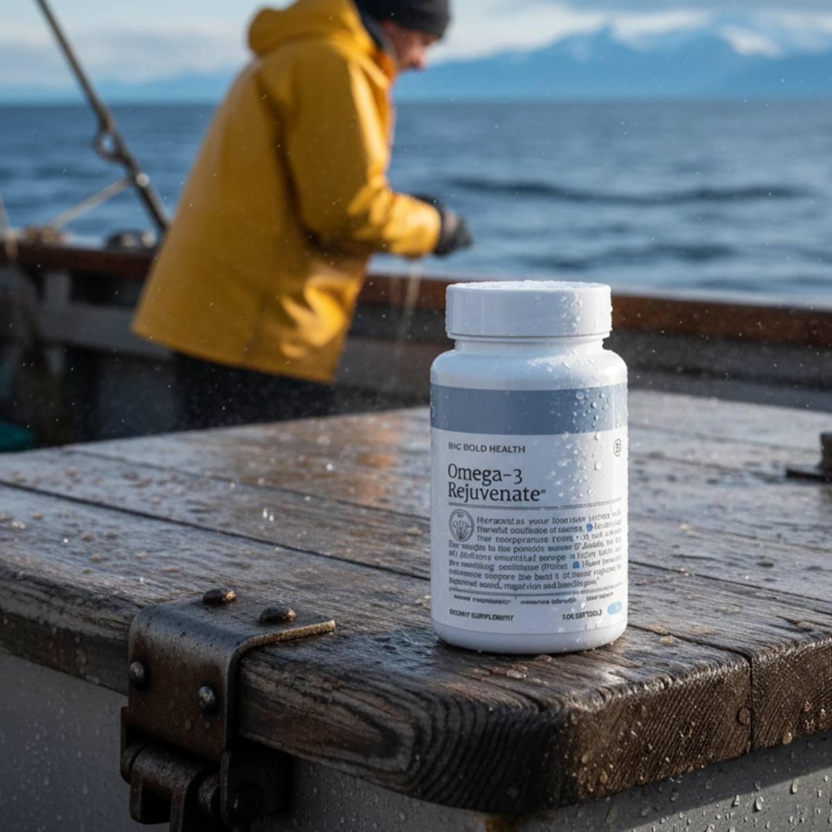 Omega-3 supplement bottle on a wet boat deck with a person in the background.