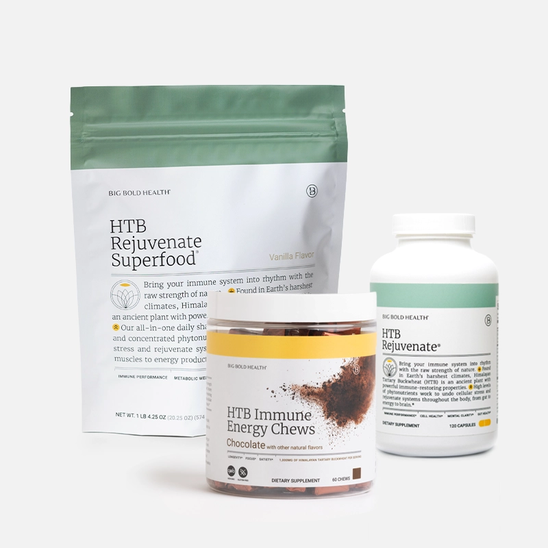 Collection of Big Bold Health supplements with superfood and energy chews.