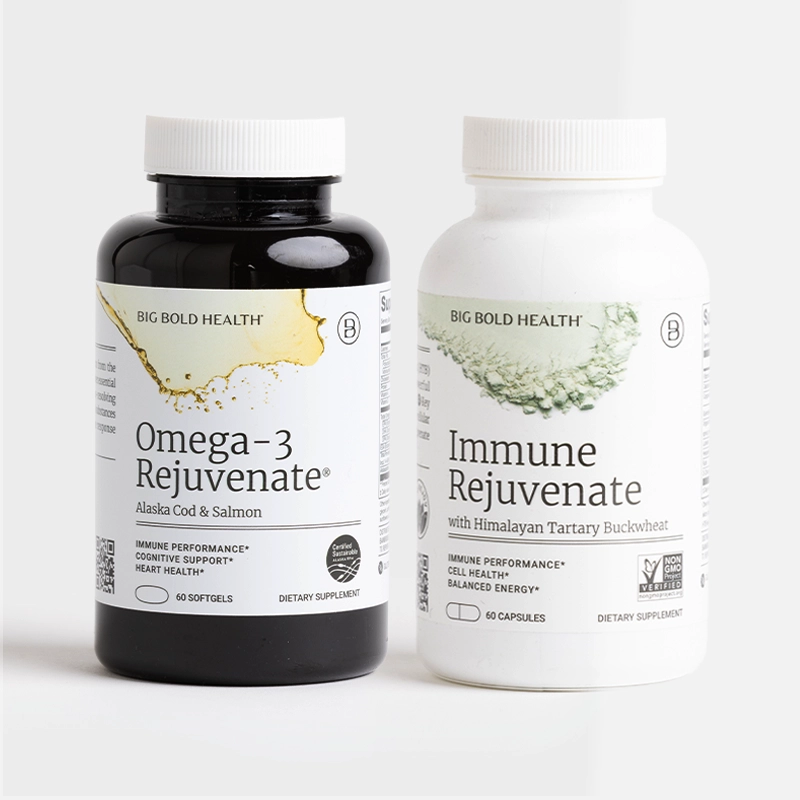 Two bottles of dietary supplements with white labels and white caps.