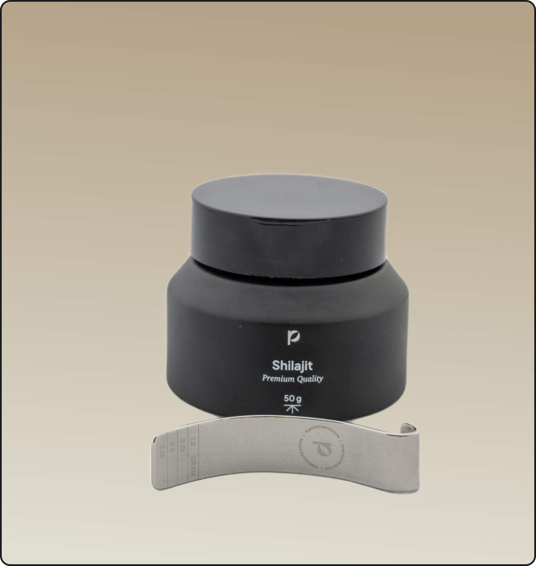 Black jar labeled 'Shilajit Premium Quality' with a metal measuring tool.