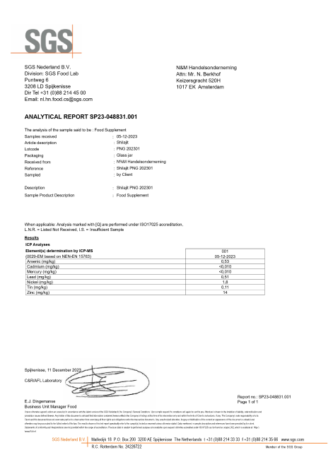 Analytical report document with SGS logo and test results for a food supplement.