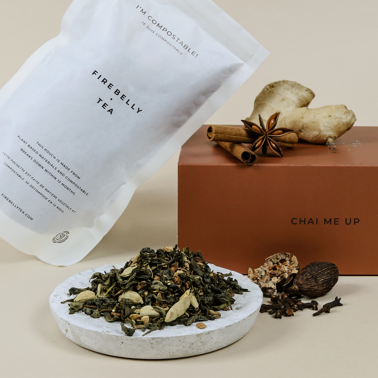 Bag of Firebelly Tea with spices and herbs displayed elegantly.