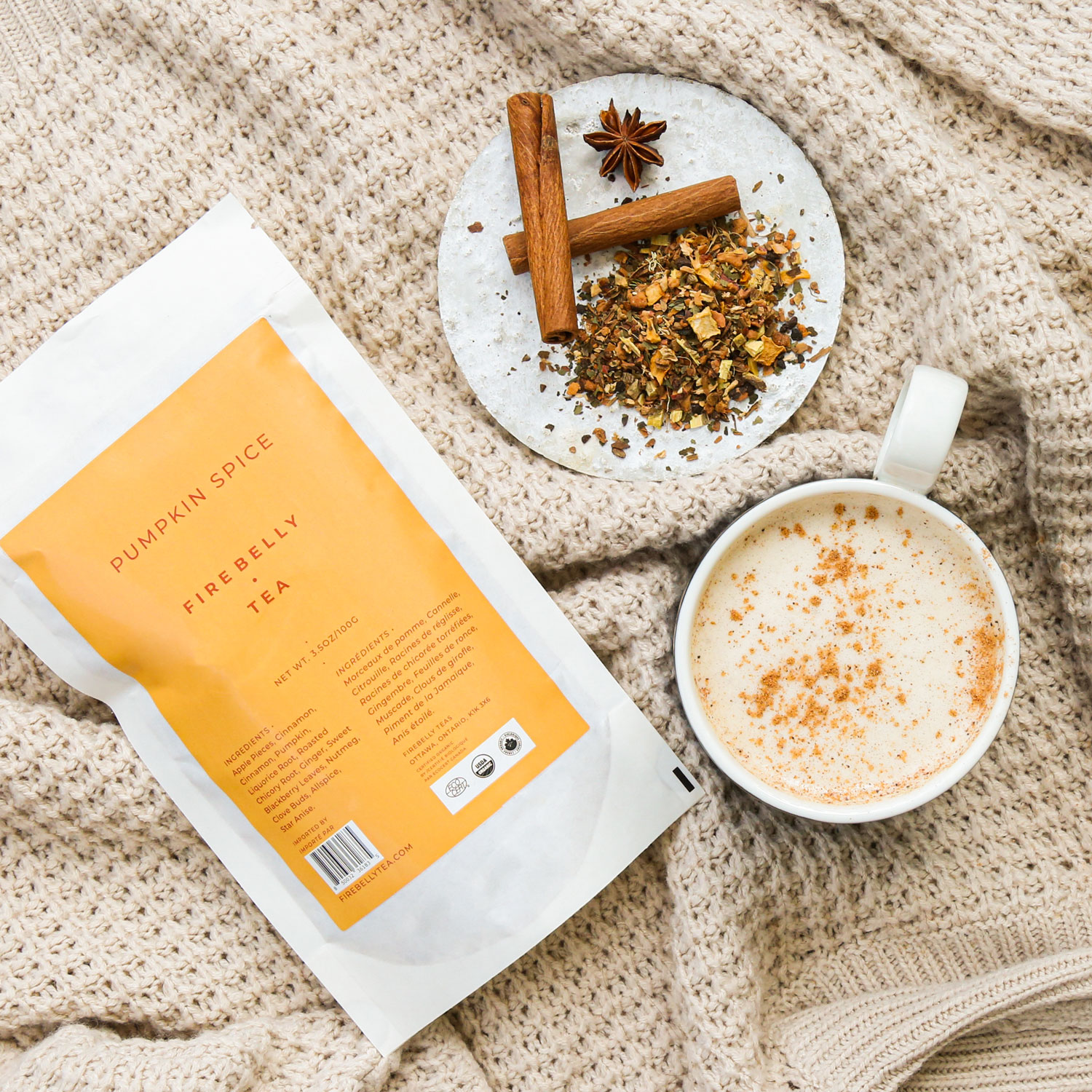 Pumpkin spice tea, ingredients, and spiced latte on a knitted blanket.