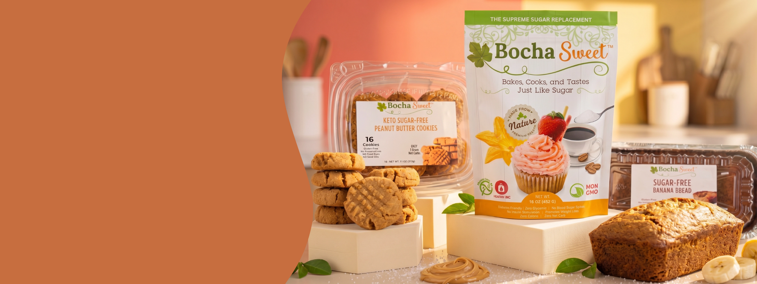 A display of Bocha Sweet brand sugar-free peanut butter cookies, banana bread, and sweetener.