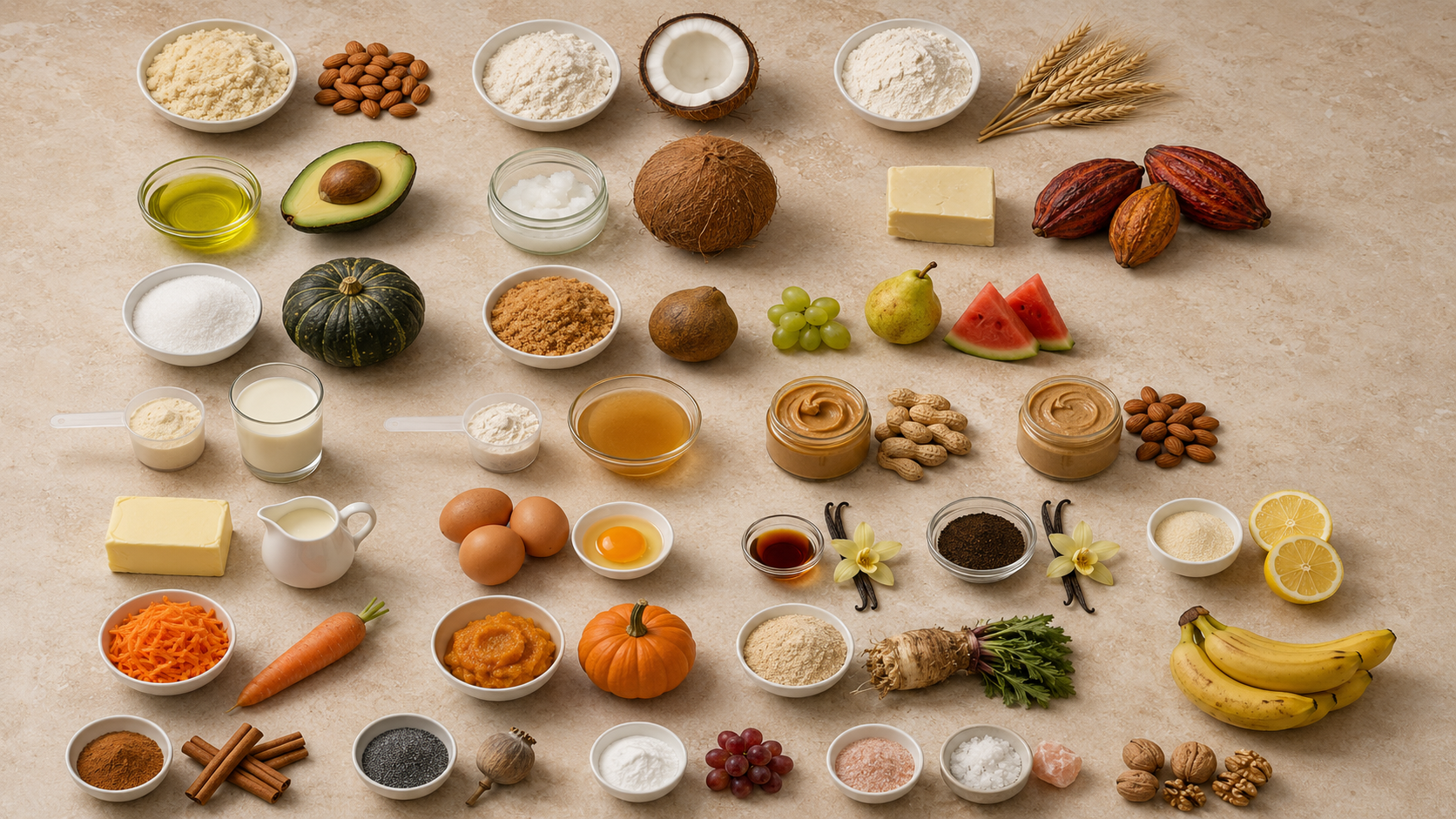 An overhead flat lay of various fresh and processed food ingredients neatly arranged on a neutral-colored surface.