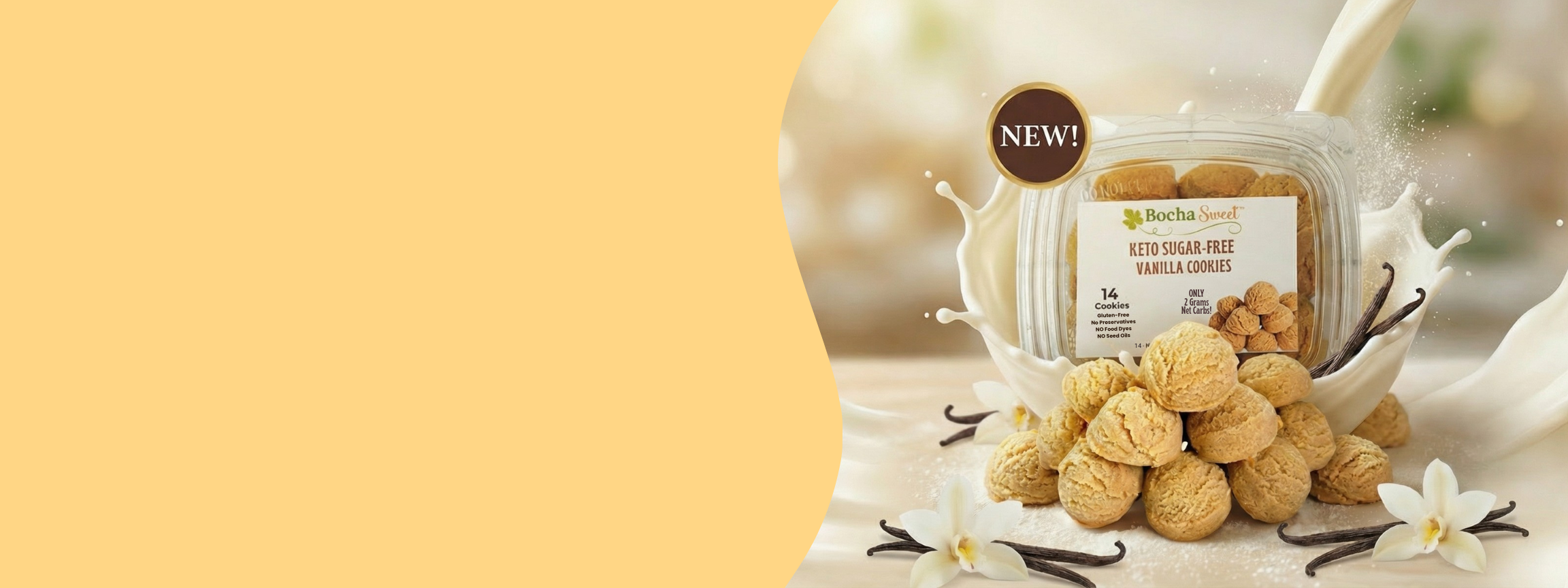 A container and pile of keto vanilla cookies with a milk splash, vanilla beans, and flowers.