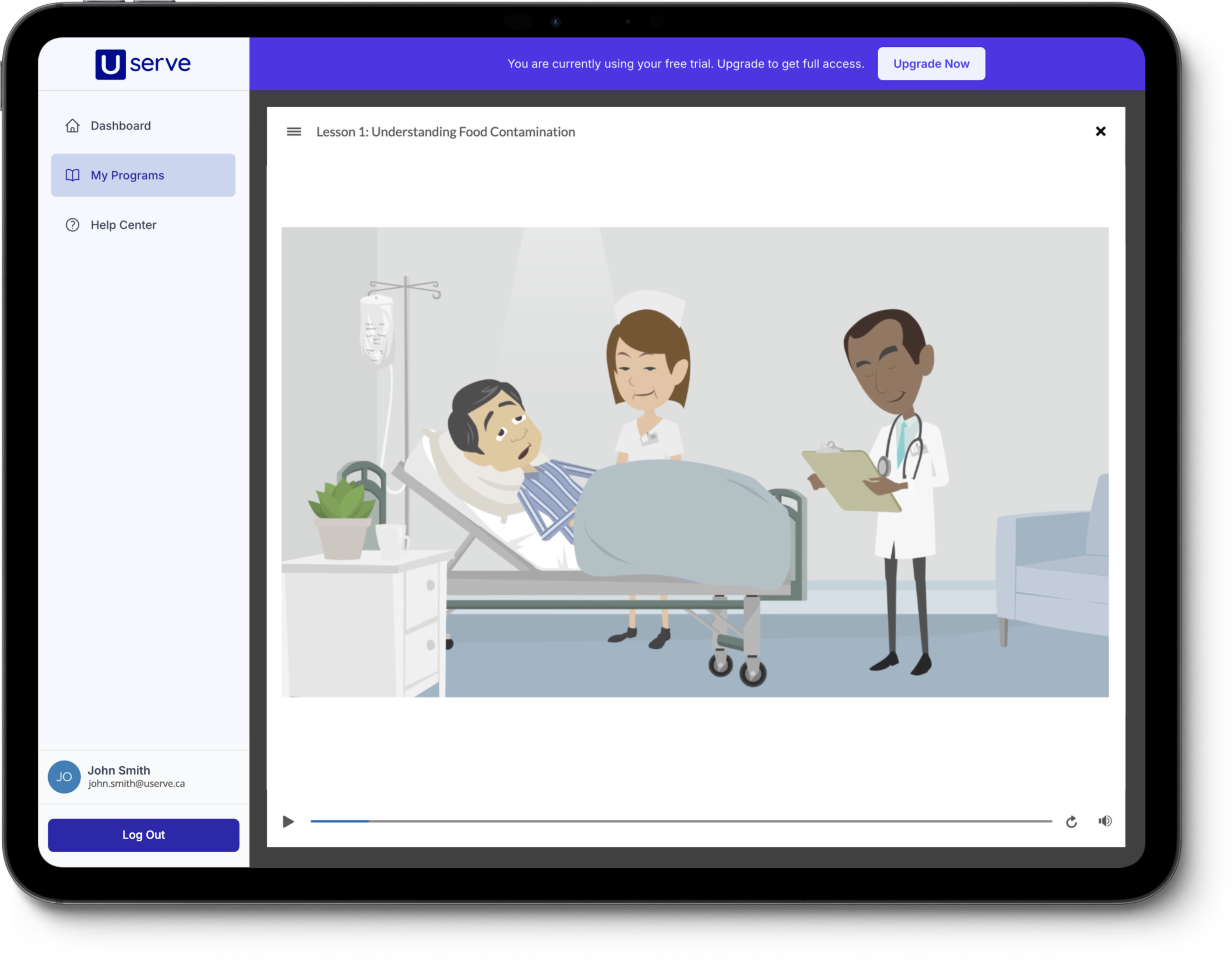 A tablet showcasing a sleek web application with a course lesson in progress