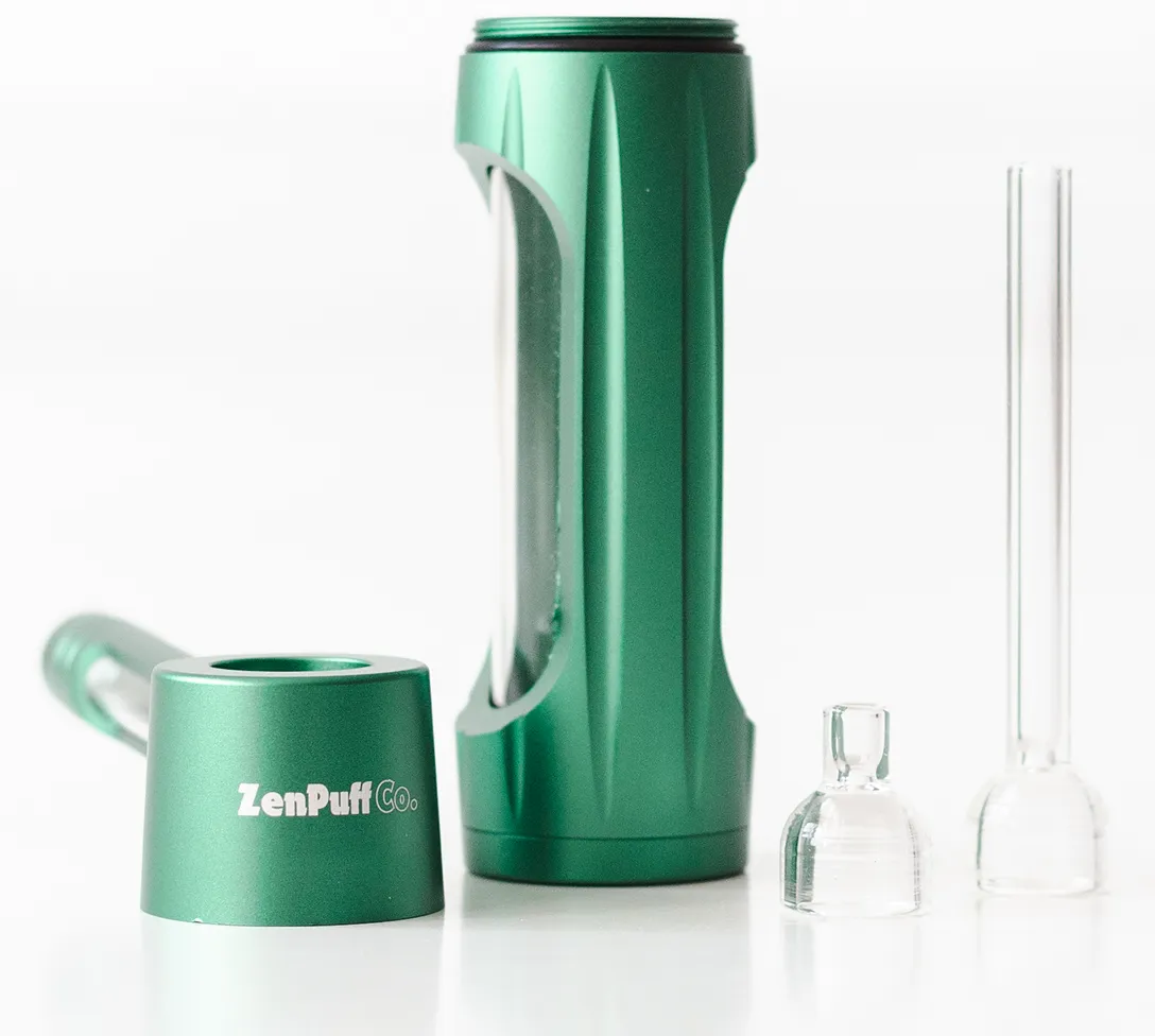 Green device labeled 'ZenPuff Co.' with glass tube and attachments on white background.