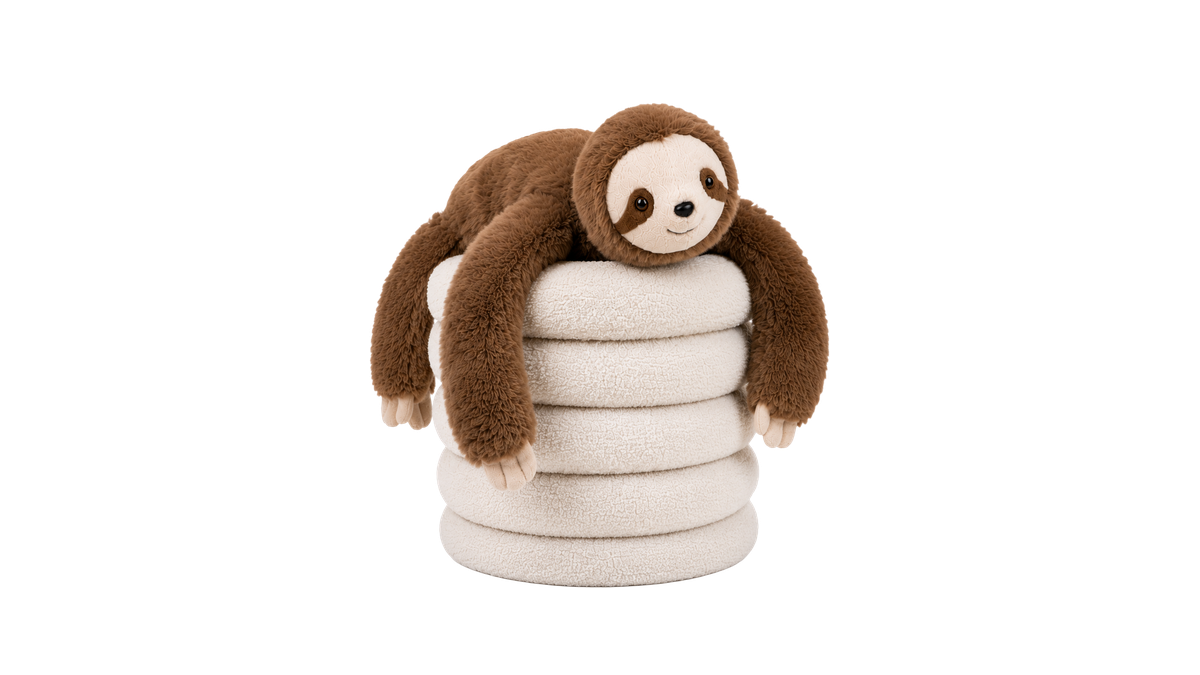 A brown plush sloth toy lies on a stack of four fluffy, cream-colored rings against a white background.
