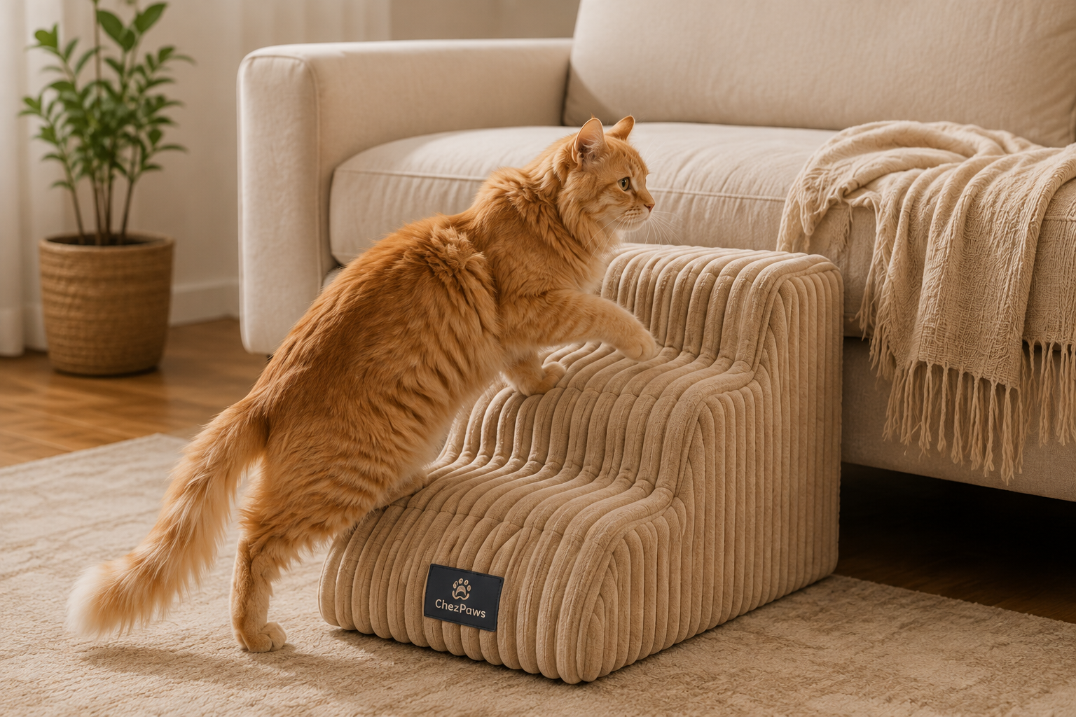 A fluffy orange cat climbs up a set of beige corduroy pet stairs next to a sofa.