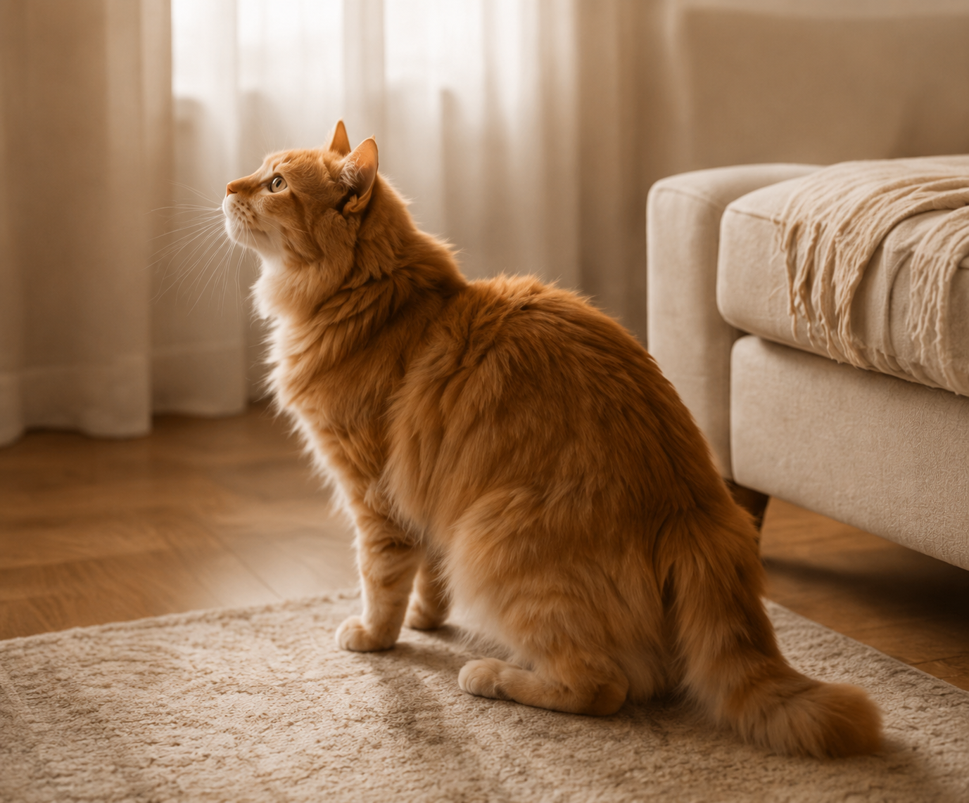 A fluffy orange cat sits on a rug in a sunlit room, looking up and to the left.
