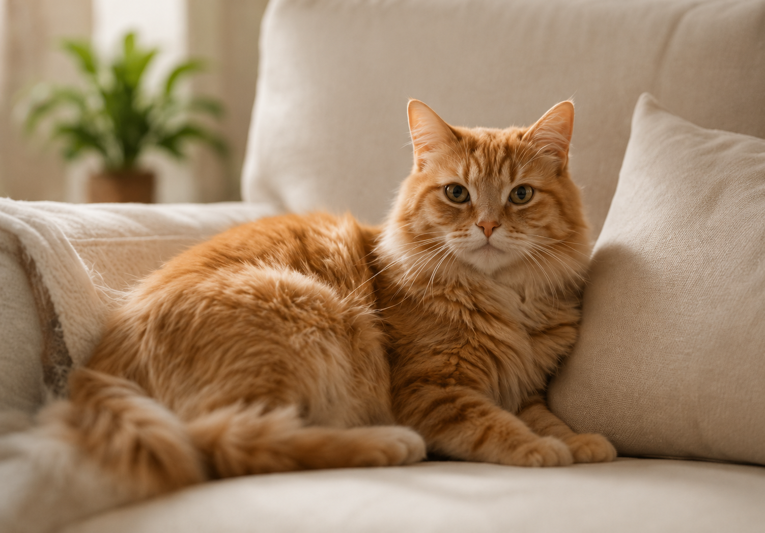 A fluffy, long-haired orange cat is lying on a light-colored couch, looking directly at the camera.