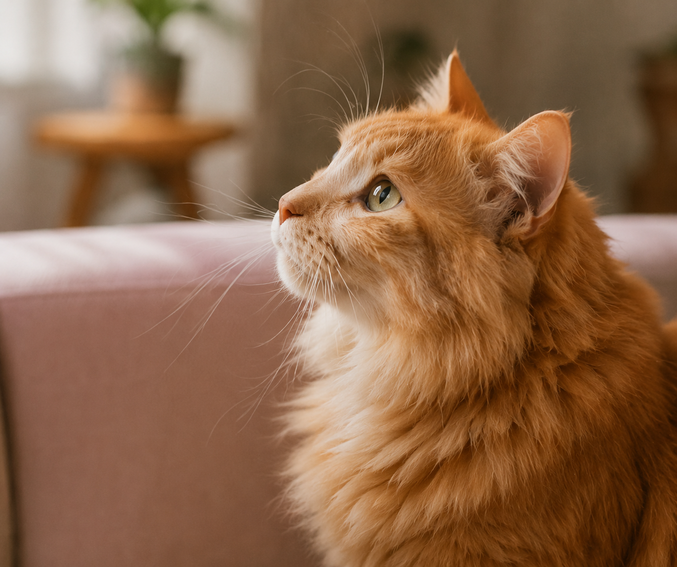 A close-up profile of a long-haired ginger cat looking up and to the left.