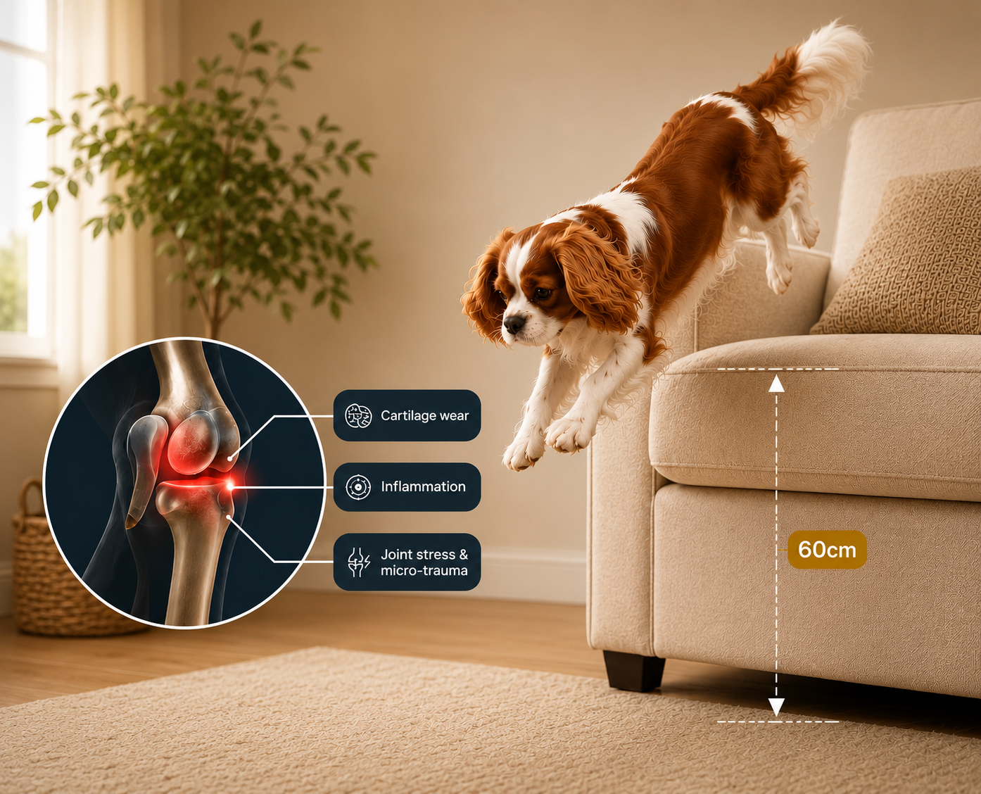 A dog jumps off a couch next to a diagram showing joint stress, inflammation, and cartilage wear.