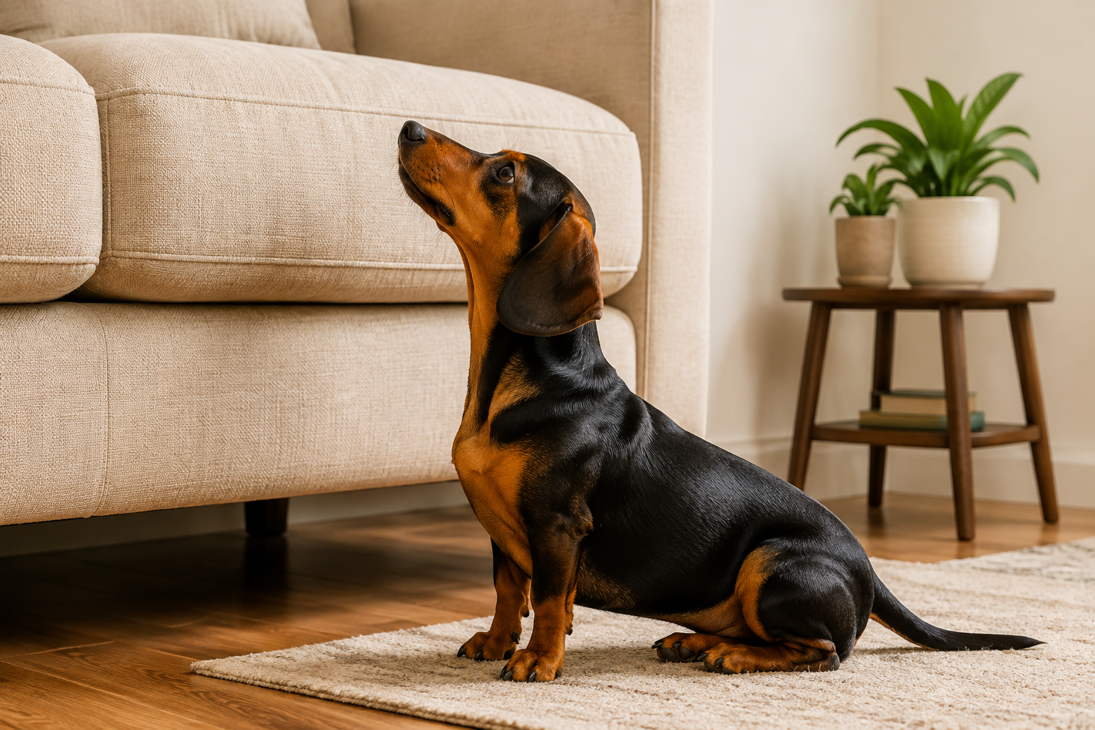 A black and tan dachshund sits on a rug next to a cream-colored sofa, looking up.