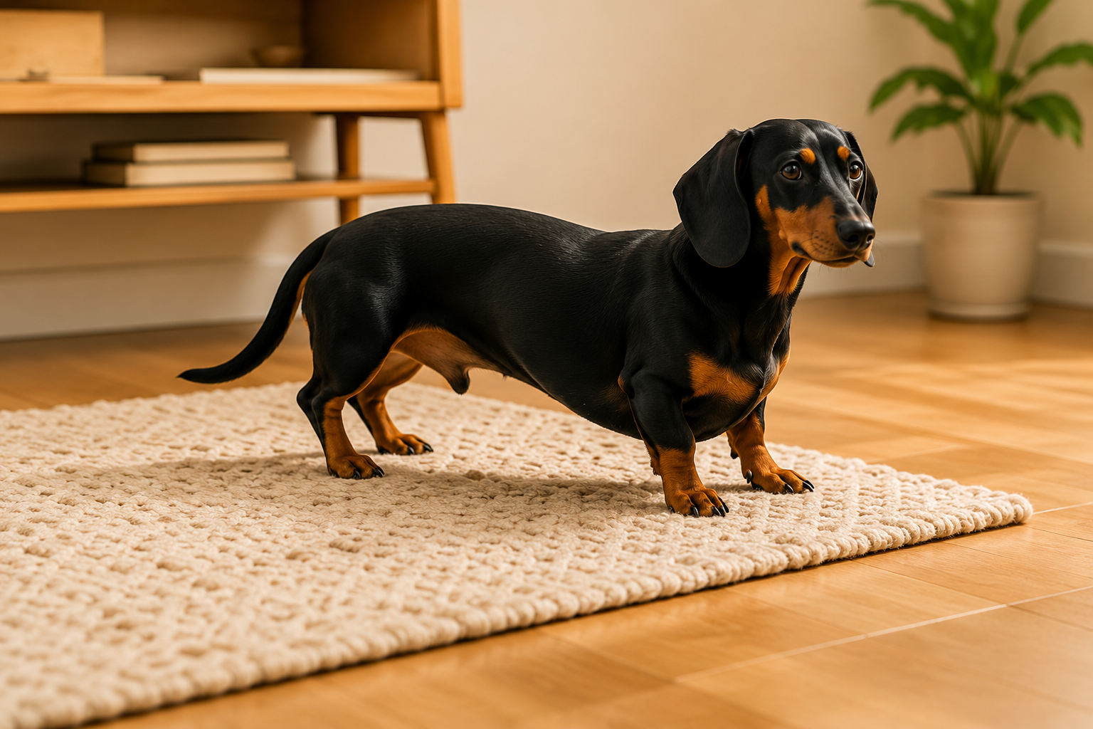 A black and tan dachshund stands on a woven rug on a hardwood floor.