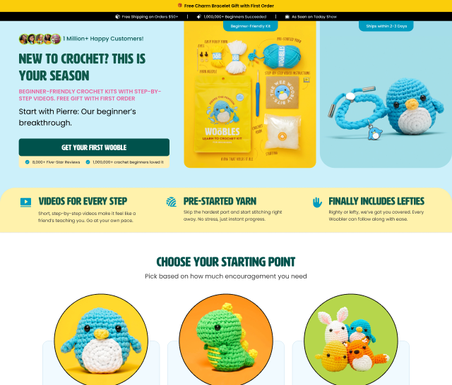 A screenshot of The Woobles website, advertising beginner-friendly crochet kits with images of finished animal toys.