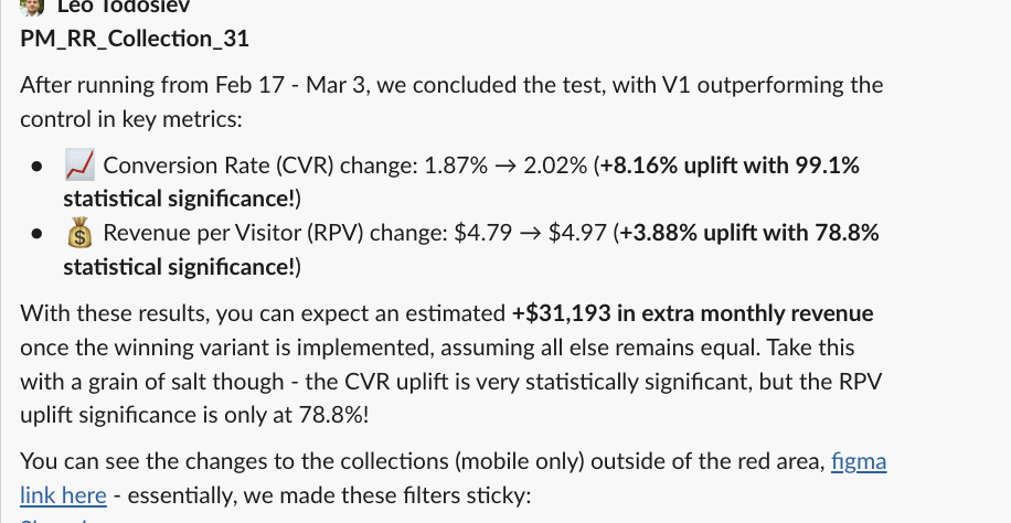 A screenshot of text detailing the results of a test, showing uplifts in conversion rate and revenue.