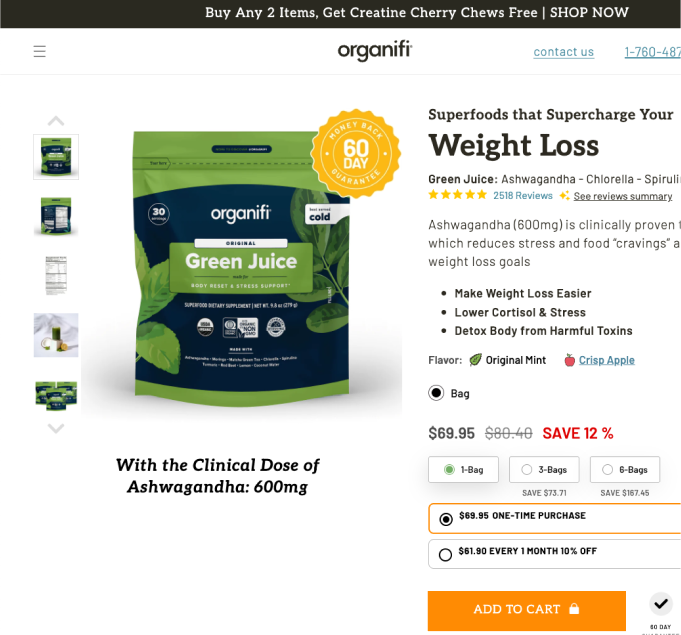Organifi Green Juice product page with pricing, reviews, and purchase options.