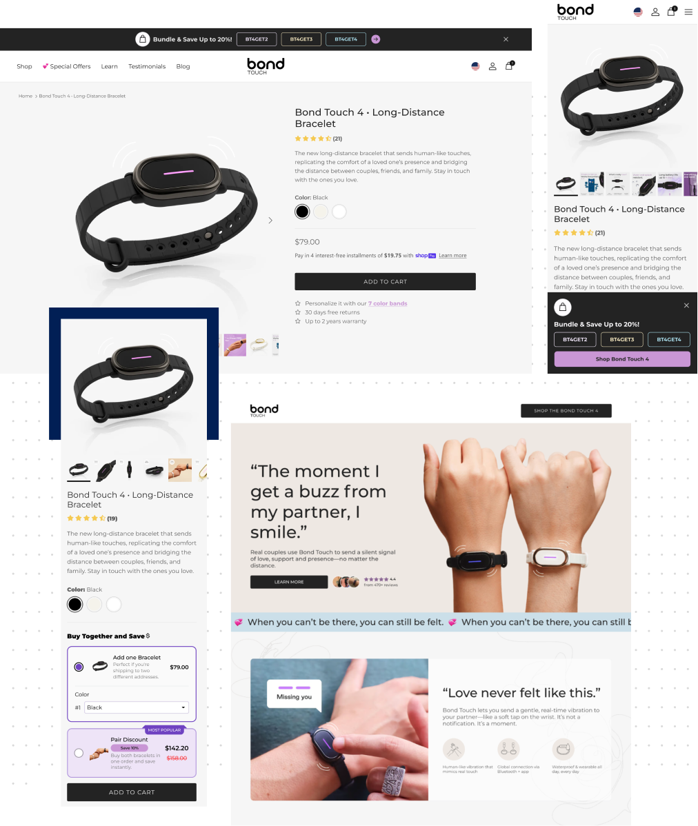 Collage of Bond Touch bracelet product images and promotional text.